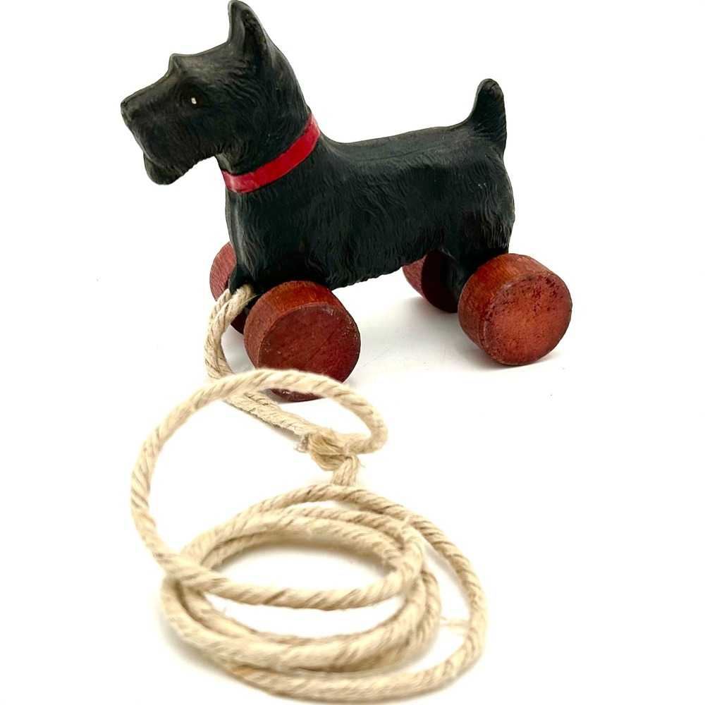 Vintage Resin Scottie Dog Pull Toy Black Scottish Terrier Red Wood Wheels